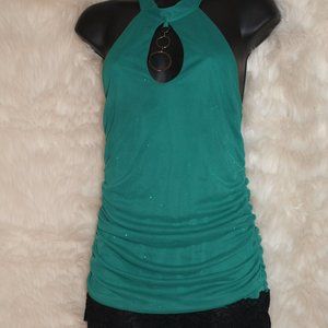 Green Halter Blouse with Black Lace Trim and Keyhole Front BY VANITY Size S